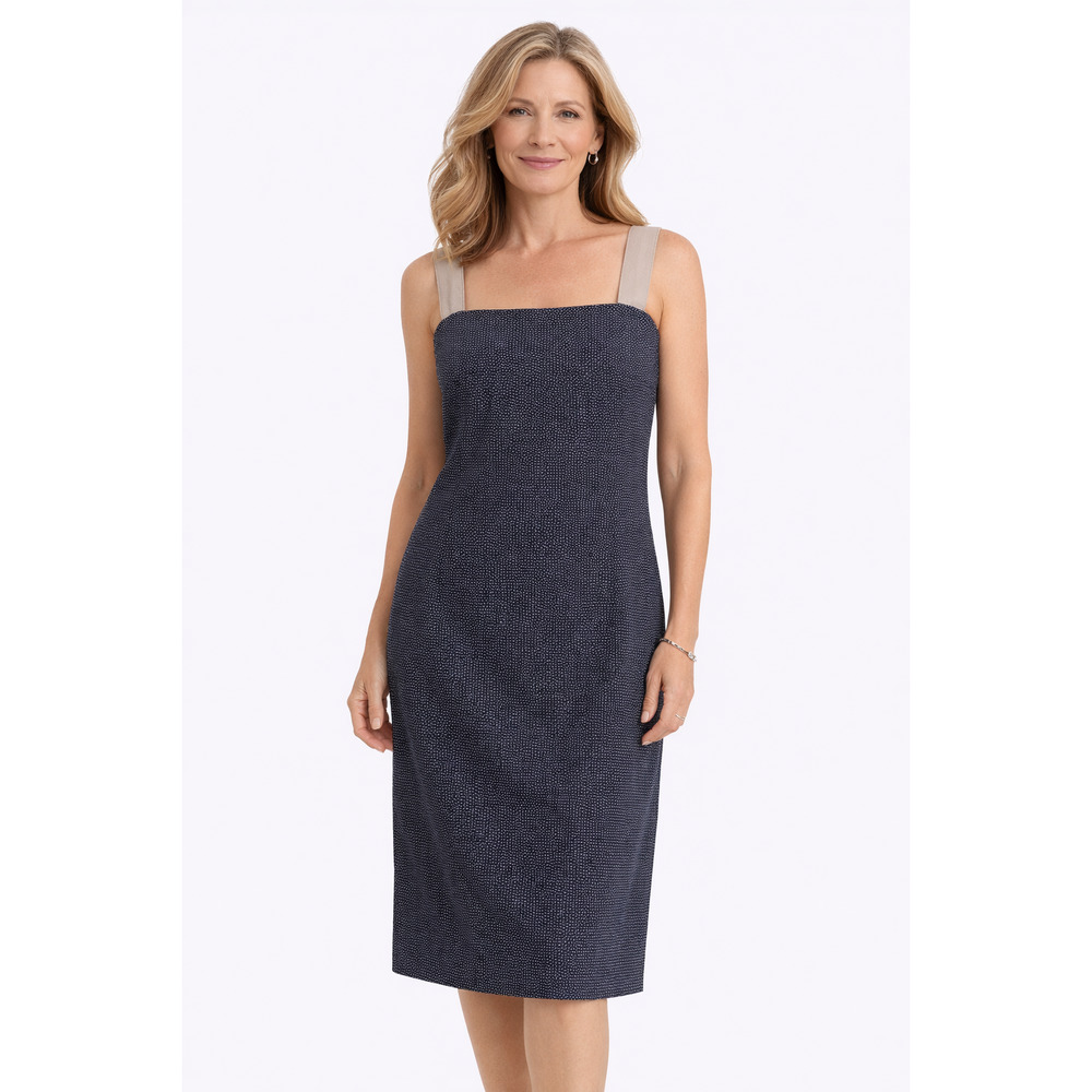 AKRIS PUNTO Dress 12 NEW Linen Cotton Blend Sleeveless Straps Navy Blue Classic
